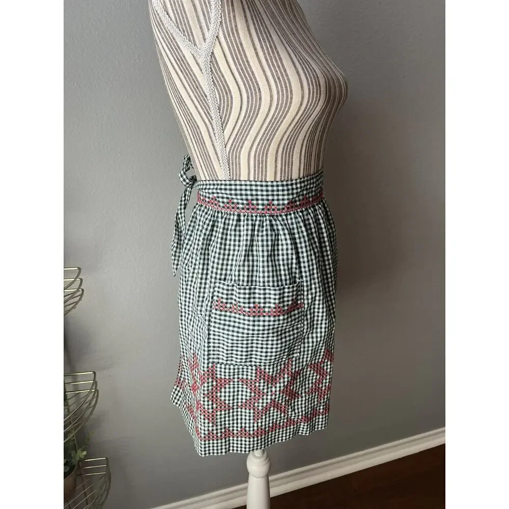 Green Red White Gingham Waist Apron with Red Rickrack and Embroidery Christmas